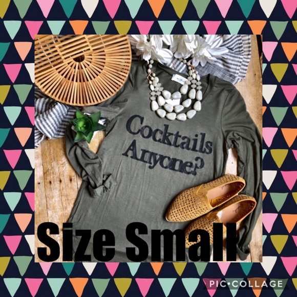 Tops - New! Cocktails Anyone Long Sleeve Tee-Olive Green